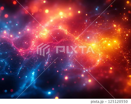 Abstract cosmic scene with sparkling bursts of light, glittering stars, and vibrant galaxy patterns. The dark night background 125120550