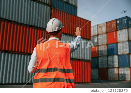 Rear view. Controlling the process. Male worker is on the location with containers 125120876