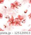 Pattern Sakura flowers red pink watercolor frames on white background in high quality. Ideal for textiles, clothes, invitations, stationery tableware. Spring flowers will perfectly decorate home decor 125120913