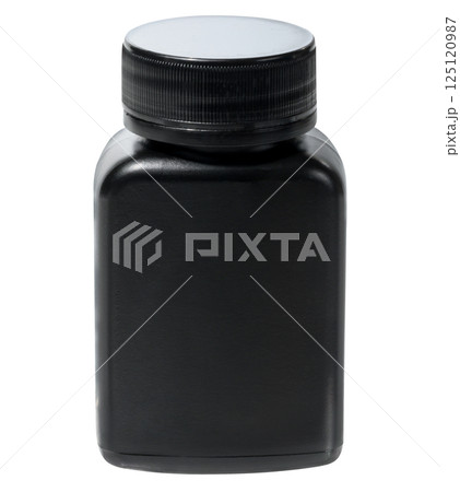 A small, square shaped black plastic bottle with a ribbed black cap, isolated background A small, square shaped black plastic bottle with a ribbed black cap, isolated background 125120987