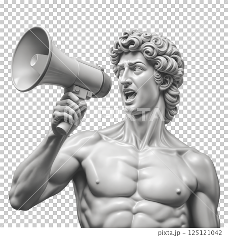 A statue depicts a man without a shirt, firmly holding a megaphone 125121042