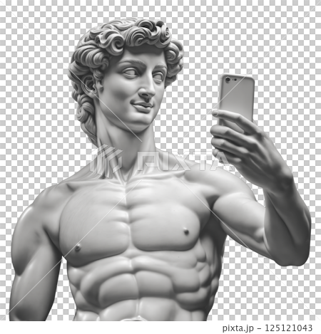 Modern art collage. Concept portrait of a man holding mobile smartphone Gypsum head 125121043