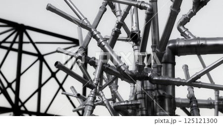 Malleable Iron Pipe Variety Diameters Connection Black And White Stock Photo. Metallic Pipes Juncted With Variety Angles  125121300
