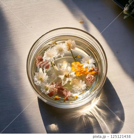 光が差し込む窓辺に浮かぶカラフルな花とガラスの器② 光が差し込む窓辺に浮かぶカラフルな花とガラスの器② 125121438