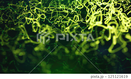 Bright neon green light trails curving and intersecting against a black futuristic backdrop Bright neon green light trails curving and intersecting against a black futuristic backdrop 125121619