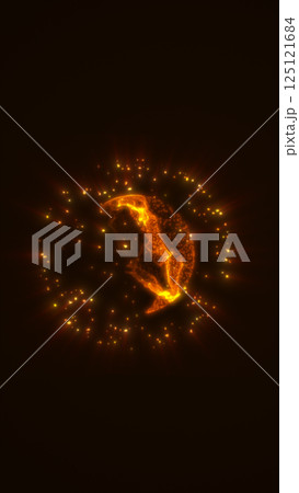 Glowing fiery sphere surrounded by golden light particles in dark space. Abstract heat and energy visualization 125121684