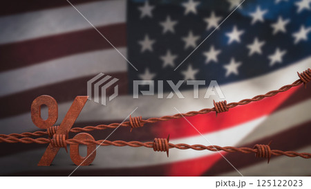 The Rusty  barbed wire on USA flag for Business concept 3d Rendering. 125122023