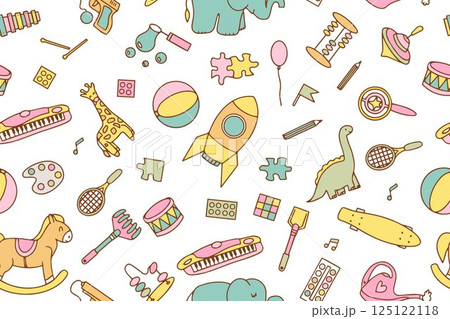 Seamless pattern with children's toys in doodle style on white background. Design for wrapping paper, textile, children's clothes, wallpaper, packaging. Vector hand drawn illustration 125122118