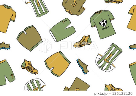 Seamless pattern of football players uniforms and shoes in doodle style. Hand drawn icons of football clothing 125122120