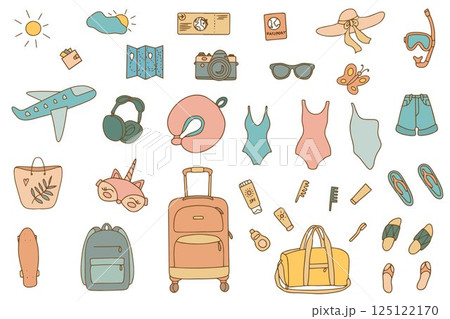 Large collection of summer doodle illustrations. Travel, beach holiday icons. Tropical vacation. Summer doodle icons set. 125122170