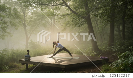 oman practicing yoga on forest deck in morning mist and sunlight oman practicing yoga on forest deck in morning mist and sunlight 125122217