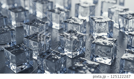 Crystal-clear ice cubes scattered with soft reflections under bright diffused light 125122287