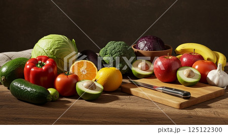 Fresh fruits and vegetables on rustic wooden table with cutting board in natural light 125122300