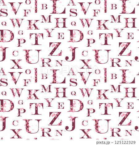 Seamless pattern of cherry blossom letters decorated with sakura flowers. Alphabet in the form of an endless pattern. Seamless pattern of cherry blossom letters decorated with sakura flowers. Alphabet in the form of an endless pattern. 125122329