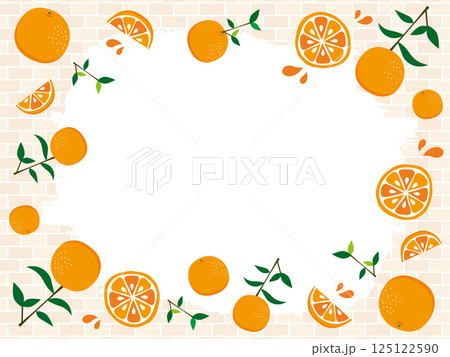 フレッシュなオレンジのイラストに囲まれたフレームとレンガ模様の壁紙 125122590