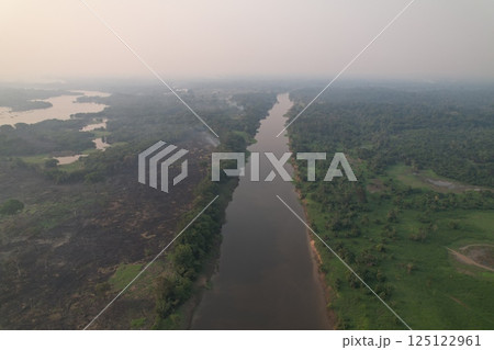 Lush green landscape along a winding river in the Amazon rainforest 125122961
