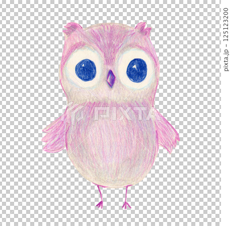 Cute violet pink color pencil drawing little owl illustration. Childish textured illustration with magenta color owlet bird for greeting card design, nursery poster, animal sticker, logo 125123200