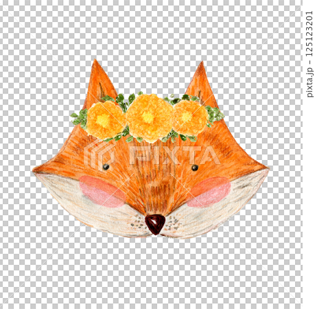 Cute watercolor orange fox head with yellow flowers wreath crown illustration. Hand painting watercolour animal summer portrait for greeting card design, nursery poster, invitation, sticker Cute watercolor orange fox head with yellow flowers wreath crown illustration. Hand painting watercolour animal summer portrait for greeting card design, nursery poster, invitation, sticker 125123201