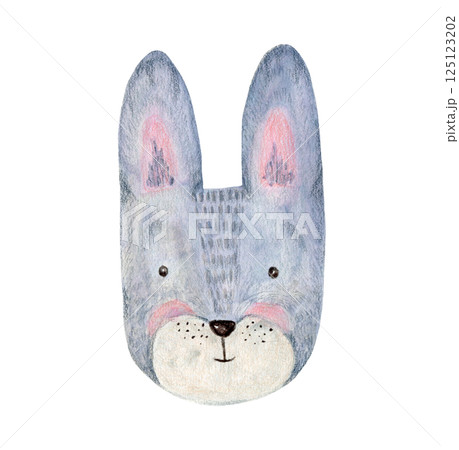 Cute watercolor painting gray rabbit with pink ears and cheeks for Happy Easter design. Childish spring holiday watercolour funny little hare for greeting cards, baby shower poster, nursery sticker 125123202