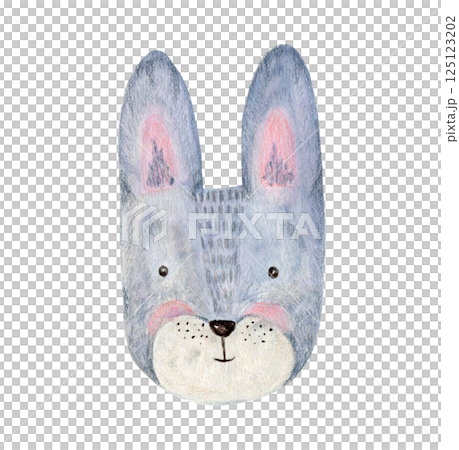 Cute watercolor painting gray rabbit with pink ears and cheeks for Happy Easter design. Childish spring holiday watercolour funny little hare for greeting cards, baby shower poster, nursery sticker 125123202