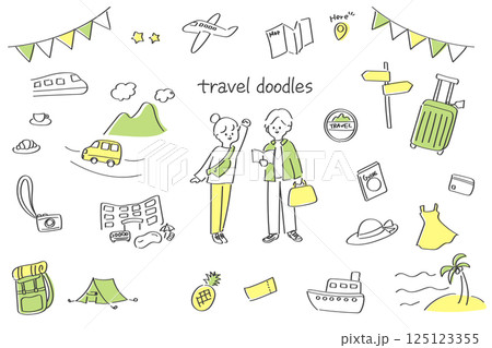 線画の旅行・お出かけイラストセット　手書きの可愛いイラスト 125123355