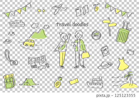 線画の旅行・お出かけイラストセット　手書きの可愛いイラスト 125123355