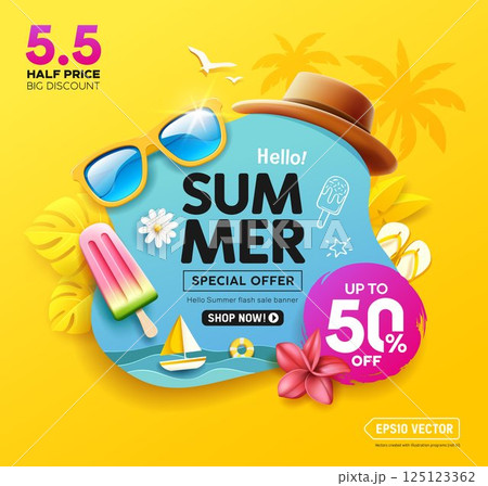 Summer sale holiday on sea tropical poster flyer design on yellow background 125123362