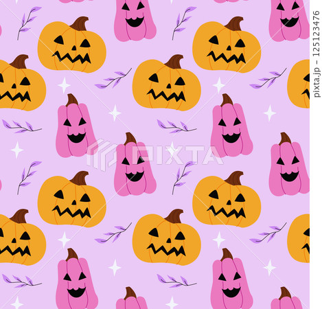 Fun Halloween pattern featuring colorful pumpkins with smiling faces and autumn leaves on a soft purple background, perfect for festive designs 125123476