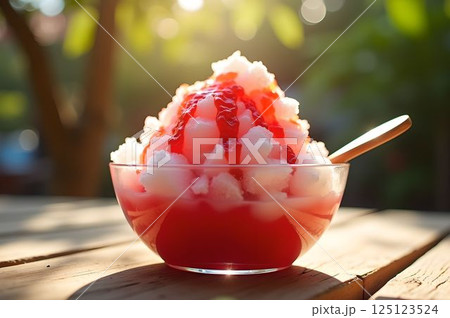 夏の日差しに映えるかき氷・爽やかなイチゴシロップたっぷりのひんやりデザート2　AI生成画像 125123524