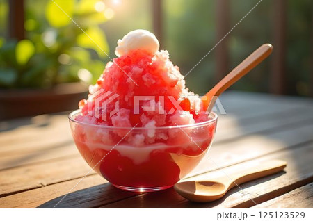 夏の日差しに映えるかき氷・爽やかなイチゴシロップたっぷりのひんやりデザート33　AI生成画像 125123529