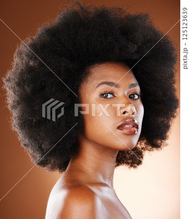 Natural hair, beauty and black woman in studio portrait with cosmetics and minimal makeup for dermatology wellness, salon and hairdresser. Young African afro model face, headshot and hair care growth 125123639
