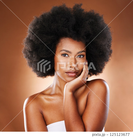 African, natural hair and black woman in studio portrait with skincare glow, youth wellness and cosmetics shine for beauty marketing mockup. Young afro model face or facial, dermatology and skin care 125123677