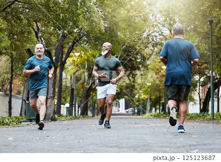 Fitness, health and senior men running in nature on garden path with trees. Friendship, training and mature runner and black man friend workout together in summer, motivation for healthy lifestyle. 125123687