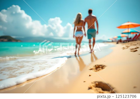 夏のビーチリゾート・カップルが歩く美しい海岸と波打ち際の足跡8　AI生成画像 125123706