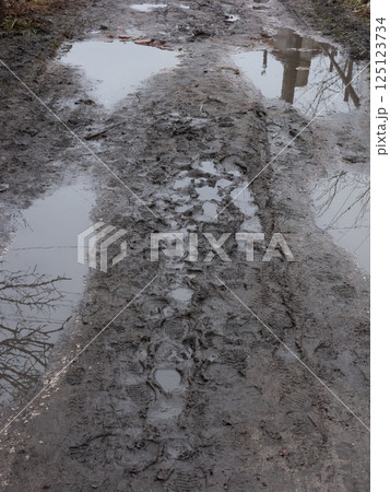 Dirt road with mud and puddles Dirt road with mud and puddles 125123734