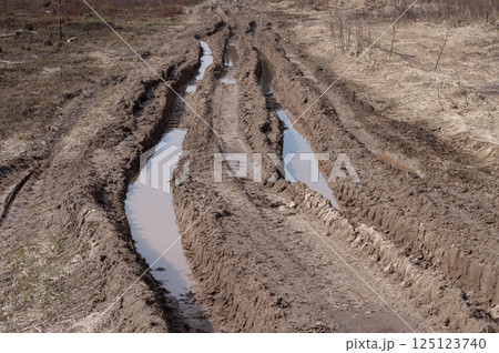 Closeup of dirt road, deep rut 125123740