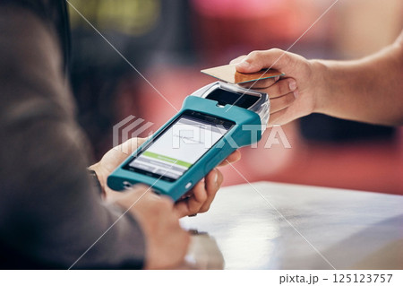Men, hands and credit card banking machine for fitness gym membership, exercise subscription or workout supplement sales. Zoom, nfc or rfid pos payment device for personal trainer wellness coaching 125123757