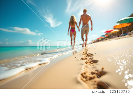 夏のビーチリゾート・カップルが歩く美しい海岸と波打ち際の足跡3　AI生成画像 125123780