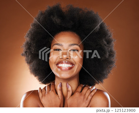 Hug, makeup and black woman with self love, happy and smile for beauty against a brown studio background. Skincare, cosmetology and face portrait of an African model with a body hug for care Hug, makeup and black woman with self love, happy and smile for beauty against a brown studio background. Skincare, cosmetology and face portrait of an African model with a body hug for care 125123900