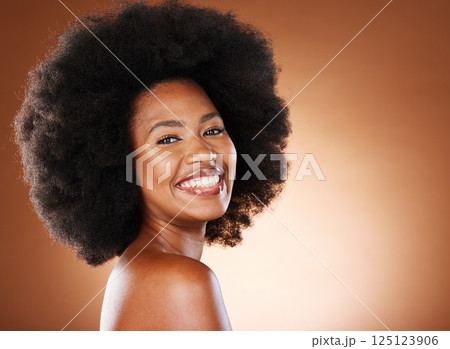 Portrait of black woman, beauty and hair care model with cosmetics hairstyle, afro empowerment and happy Nigeria model. Face of happy, proud African girl and healthy skincare glow in a studio Portrait of black woman, beauty and hair care model with cosmetics hairstyle, afro empowerment and happy Nigeria model. Face of happy, proud African girl and healthy skincare glow in a studio 125123906