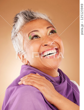 Makeup, funky grandma with smile on face and trendy fashion style on studio background. Happy mature woman, beauty and luxury skincare, cosmetics and happiness, cool lifestyle and retirement in color Makeup, funky grandma with smile on face and trendy fashion style on studio background. Happy mature woman, beauty and luxury skincare, cosmetics and happiness, cool lifestyle and retirement in color 125123949