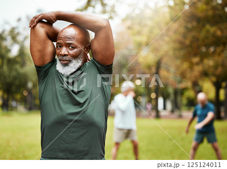 Stretching, exercise and senior man in park enjoying being active in summer, nature and retirement. Fitness, wellbeing and portrait of black man start sports, training and workout for health wellness Stretching, exercise and senior man in park enjoying being active in summer, nature and retirement. Fitness, wellbeing and portrait of black man start sports, training and workout for health wellness 125124011