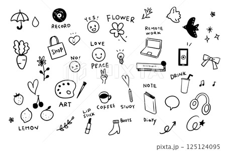 可愛い女性のライフスタイル　手描きアイコンイラストセット 125124095