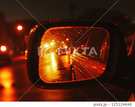 Car Side Mirror Reflecting Orange City Lights On Wet Rainy Night Road 125124648