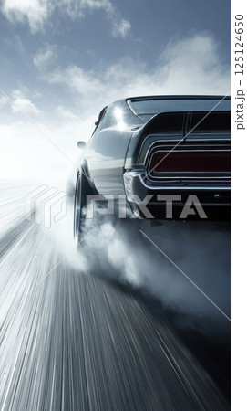 Classic Black Car Burnout On Wet Asphalt With Steam Under Cloudy Sky Classic Black Car Burnout On Wet Asphalt With Steam Under Cloudy Sky 125124650