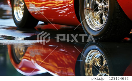 Classic Red Sports Car Wheel and Tire Reflection on Wet Road Classic Red Sports Car Wheel and Tire Reflection on Wet Road 125124652