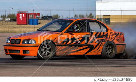Orange Drift Car Performing a Burnout on a Paved Track with Smoke and Dirt Kicking Up 125124686