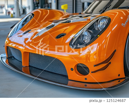 Orange Sports Car Front Close Up with Black Accents and Sleek Design 125124687