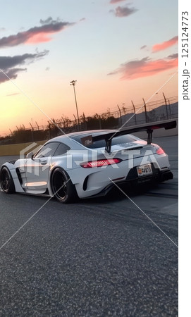 White Sports Car on Asphalt with Sunset Sky and Horizon View 125124773