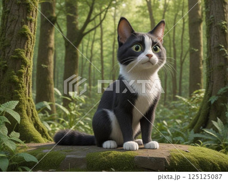 フランスの新緑の森の中にいる白黒猫1 125125087